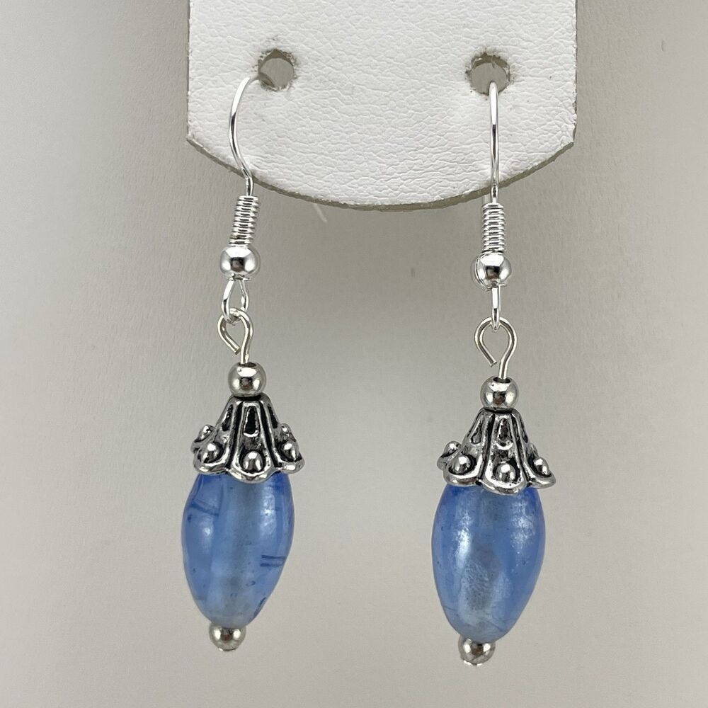 Vintage Artisan Handmade Blue Blown Glass Oval Beaded Dangle Earrings Silver
